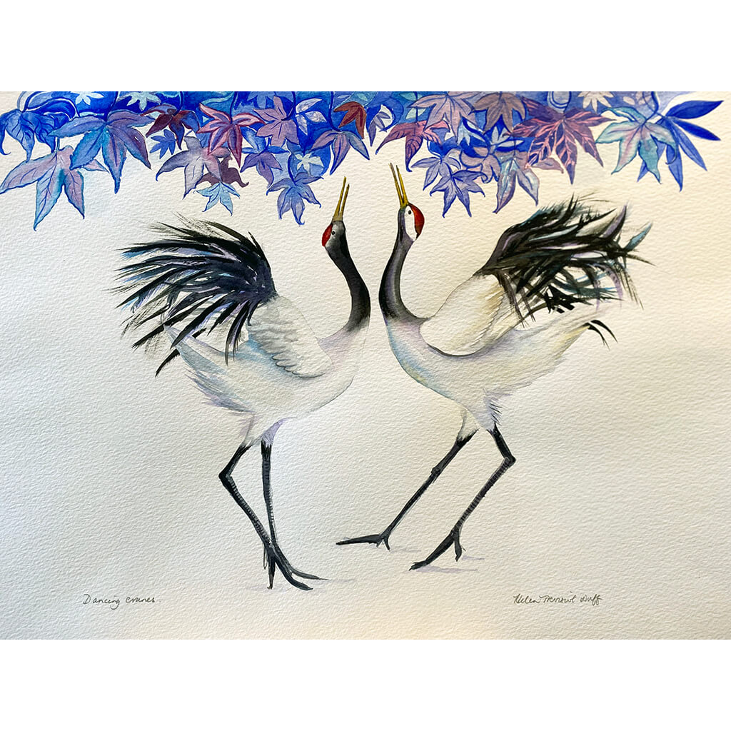 Dancing Cranes by Helen Trevisiol Duff original watercolour of two birds beneath perwinkle colour foliage