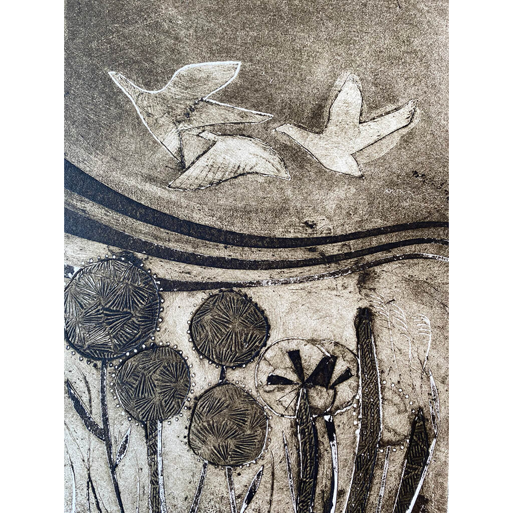 Dandelion Dreams by Helen Trevisiol Duff limited edition handmade print of birds and flowers