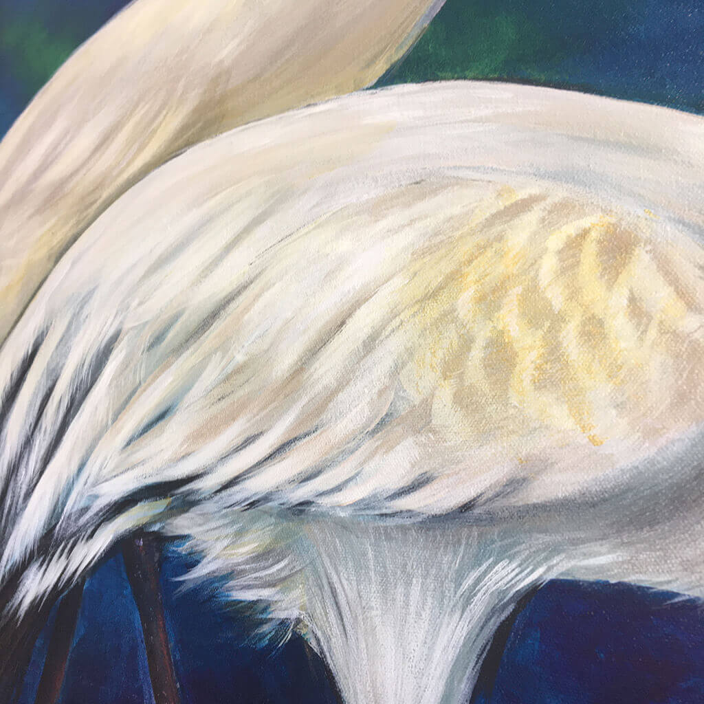 Eternity by Helen Trevisiol Duff acrylic on canvas painting of red crowned crane birds detail of wing feathers