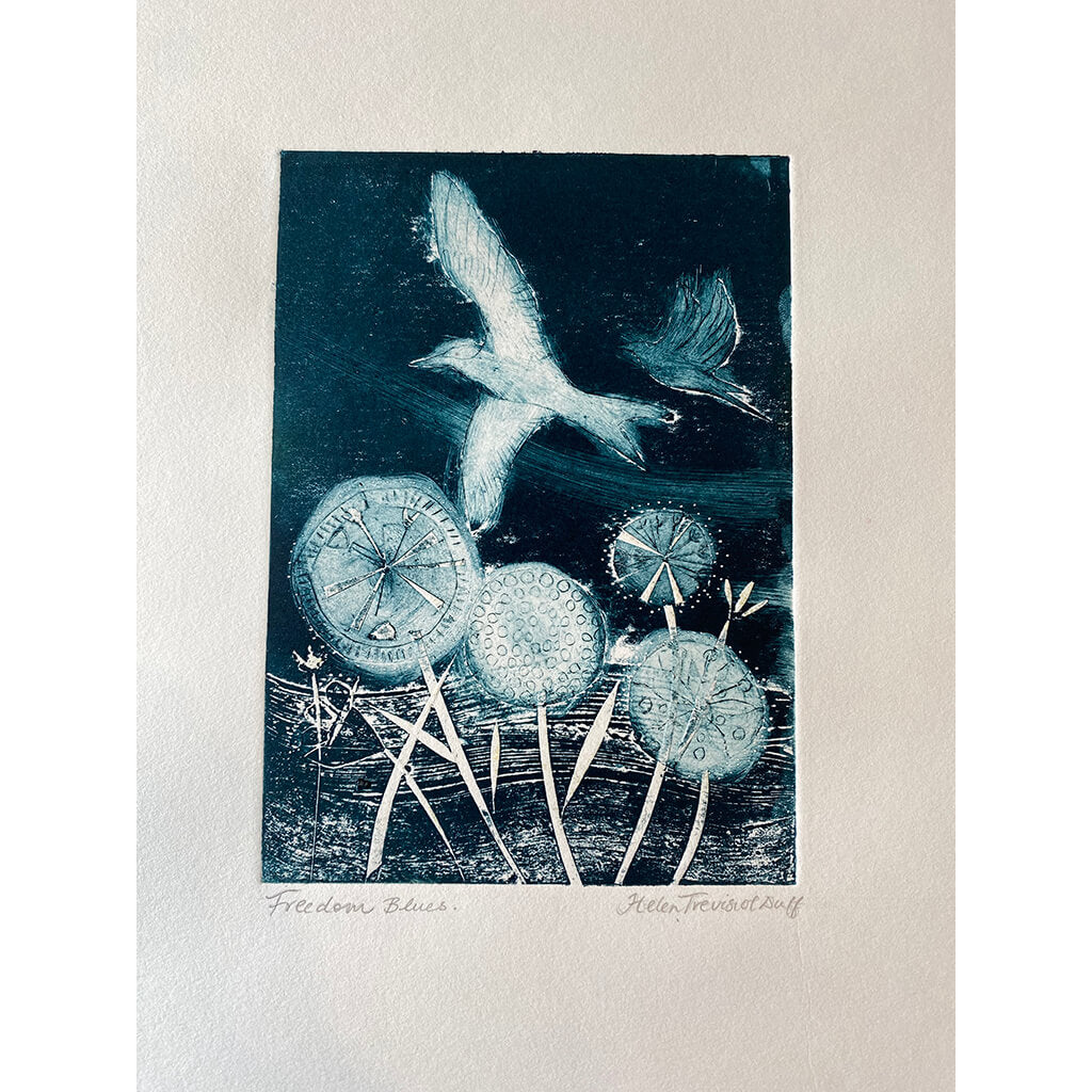 Freedom Blues by Helen Trevisiol Duff limited edition handmade print of birds and flowers