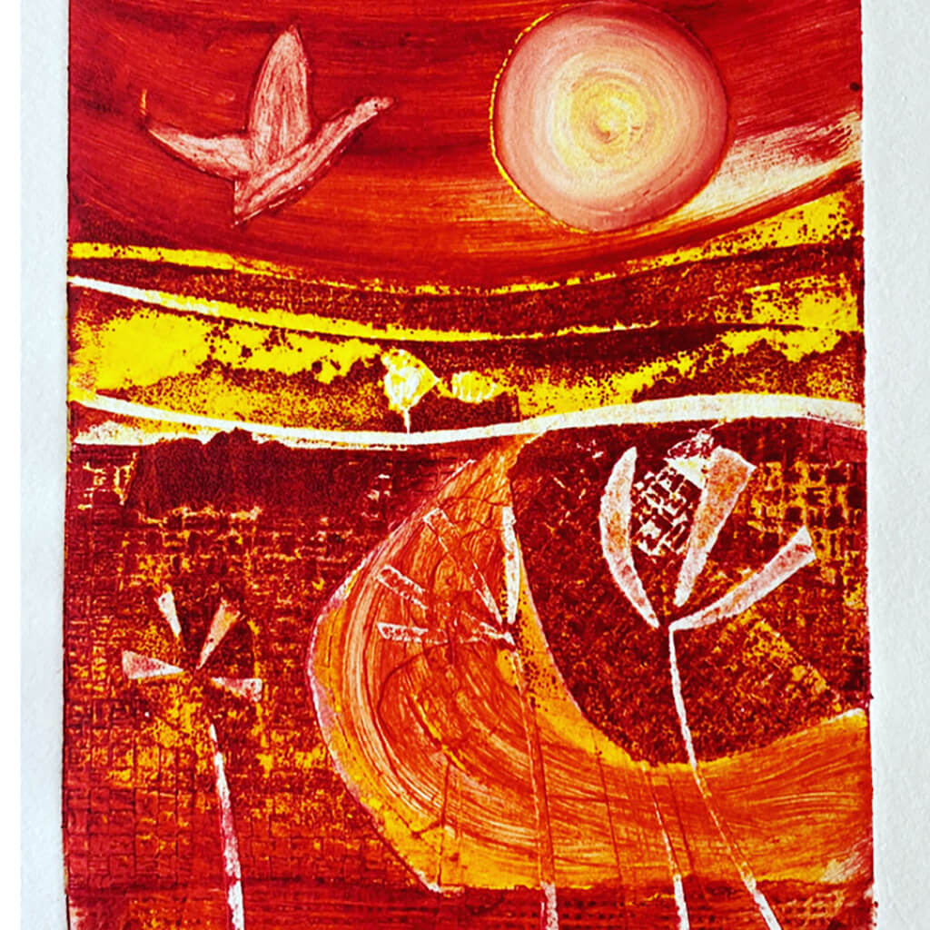 Harvest Time Sunset by Helen Trevisiol Duff limited edition handmade print of birds and flowers
