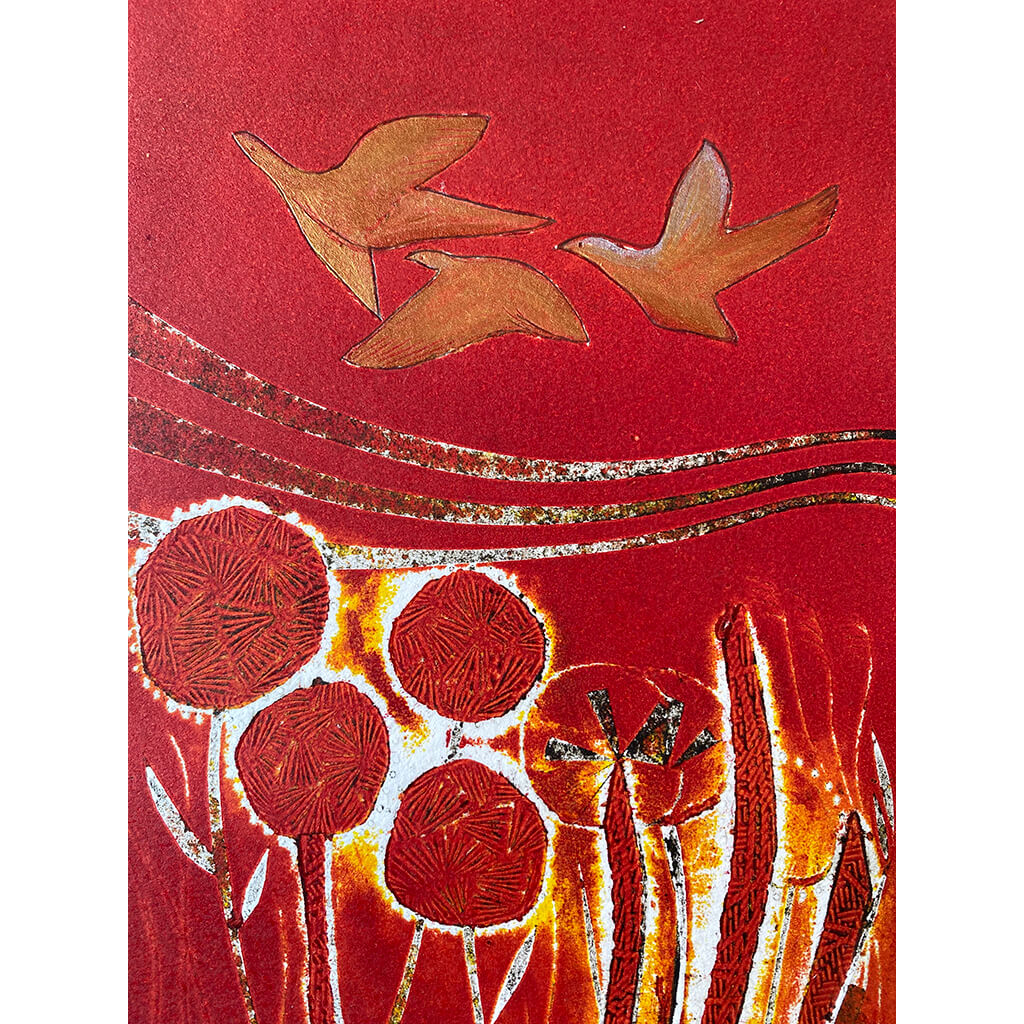 Ruby Dandelions by Helen Trevisiol Duff limited edition handmade print of birds and flowers