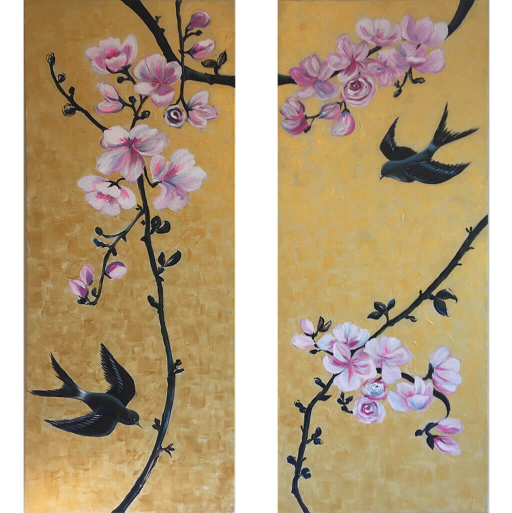 Together by Helen Trevisiol Duff pair of acrylic on canvas gold panel paintings with pink flowers and swallow birds
