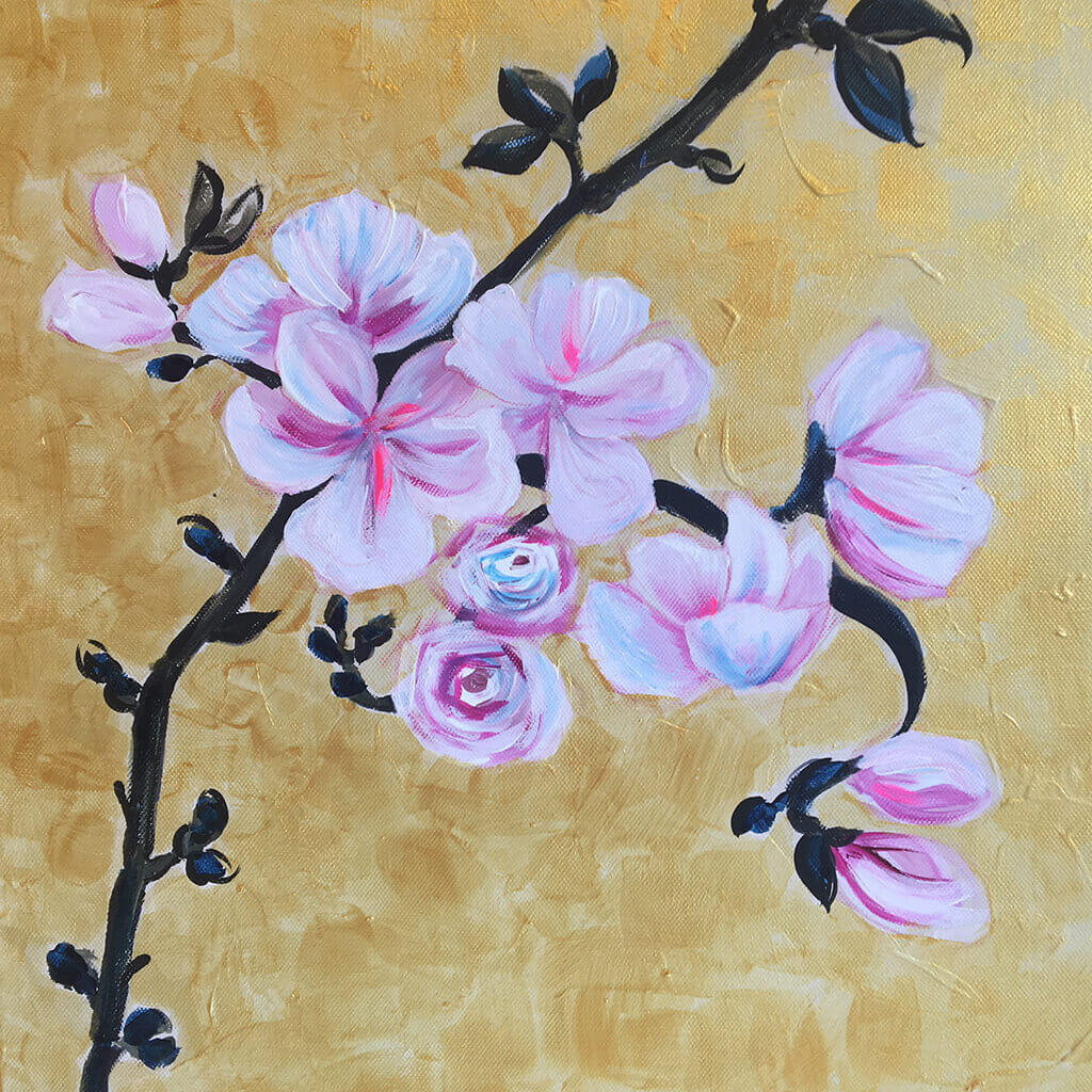 Together by Helen Trevisiol Duff pair of acrylic on canvas gold panel paintings pink blossom flower close up